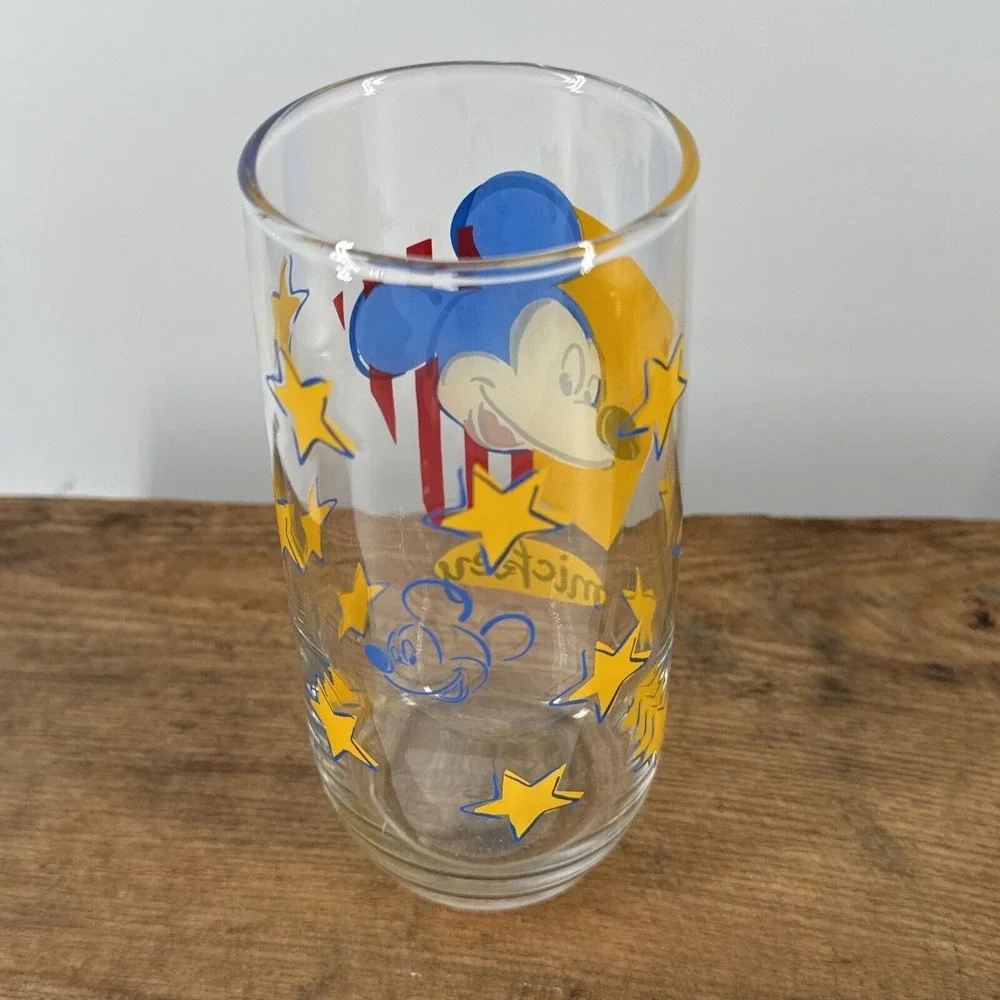 Mickey Mouse Drinking Glass Anchor Hocking Disney Yellow‎ Stars 16 oz Vintage